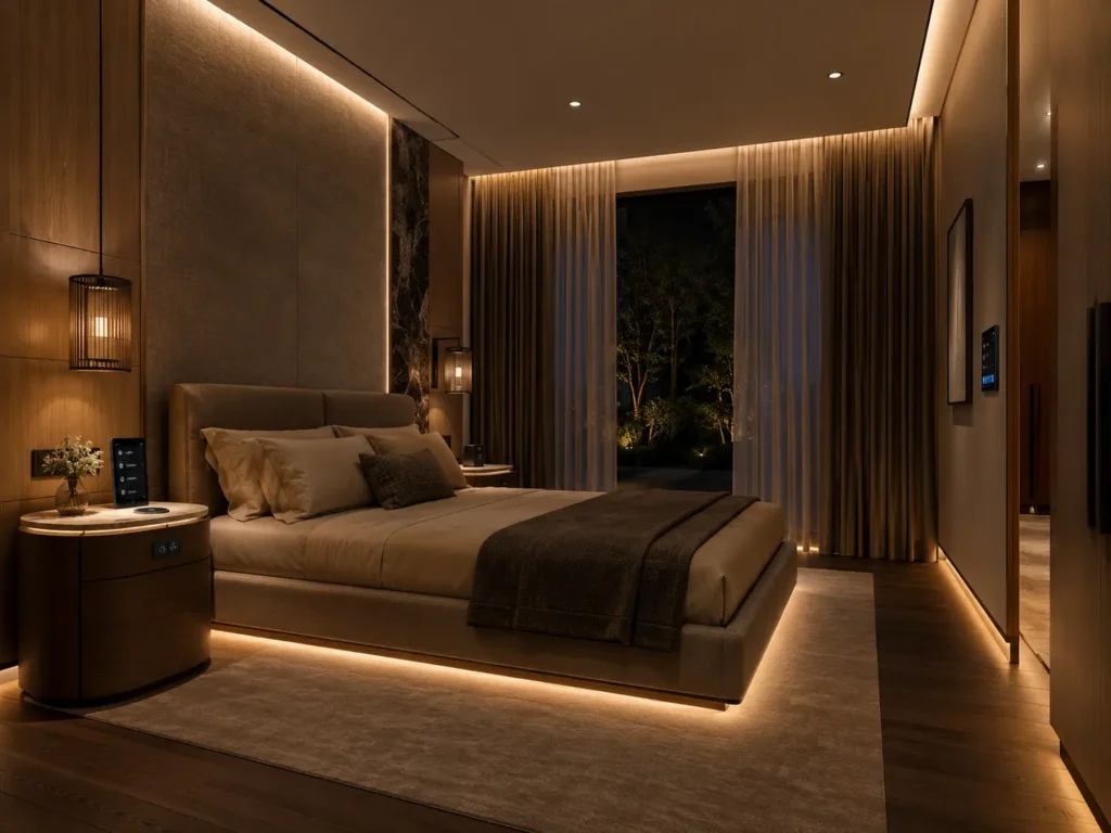 Luxurious modern bedroom at night