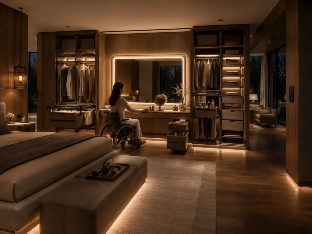 Modern, accessible luxury bedroom at dusk